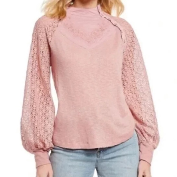 Free People Sweetest Thing Embroidered Thermal Top Blouse Bliss Blush Pink Large - Picture 1 of 14